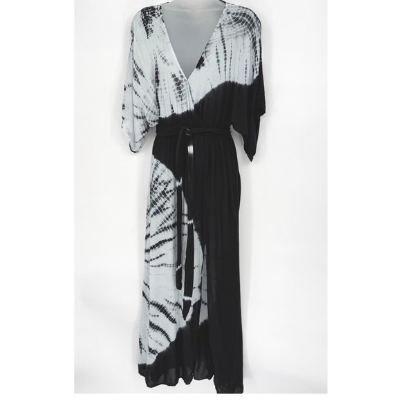 Japna Tie Dye Maxi Dress Kimono Sleeve Belted Boho Festival Black Gray M 101-00 - Picture 2 of 13